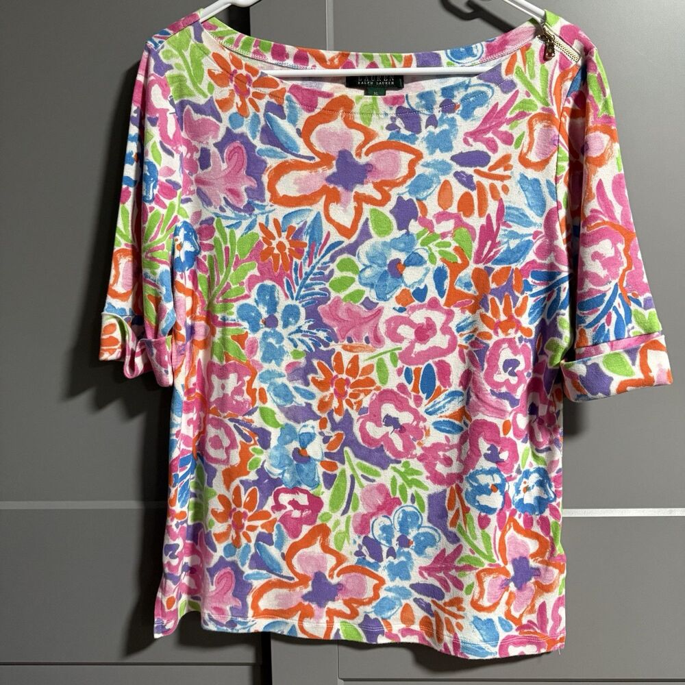 Lauren Ralph Lauren Women Half Cuff Sleeve Floral Boat Neck Top Multicolor XL